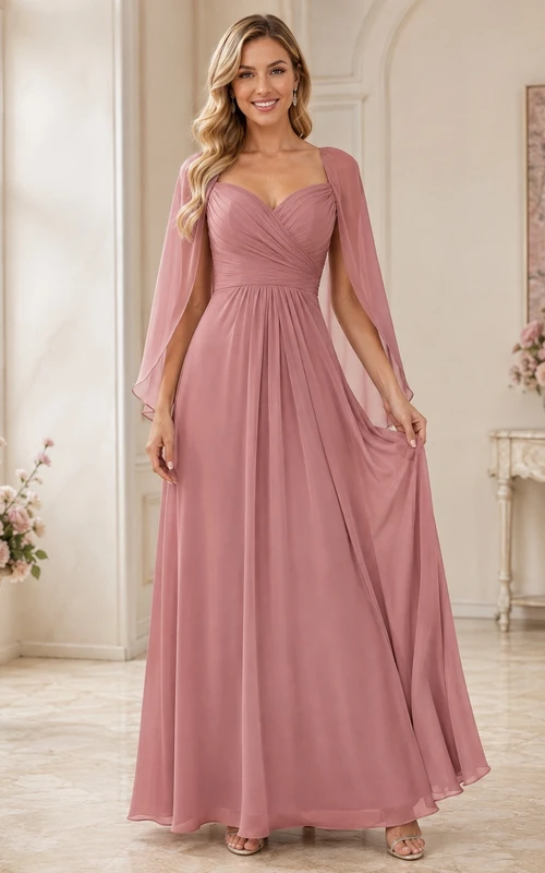 Elegante vestido de recepción de dama de honor de gasa color rosa empolvado con escote corazón, mangas tipo capa y corte en A hasta el suelo.