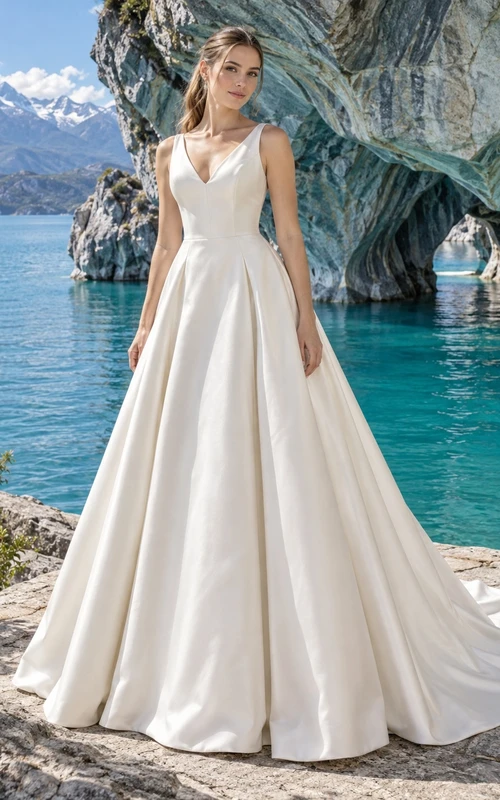 Sencillo vestido de novia de satén con escote en V, corte en A, tirantes anchos y corpiño ajustado.