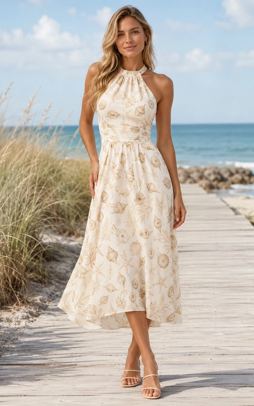 Neutral Seashell Halter Neck Beach Vacation Midi Dress