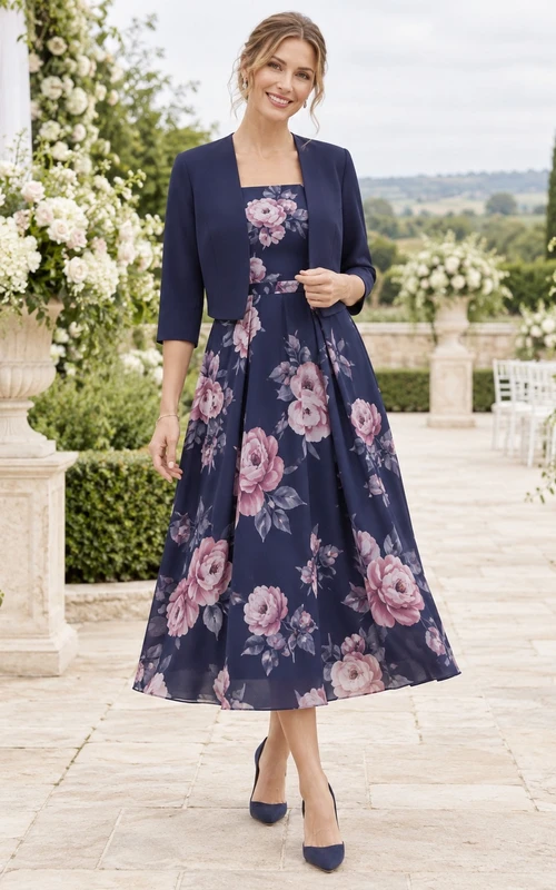 Ink Navy Rose Print A-Line V-Neck Three-Quarter Sleeve Jacket Guest Dress