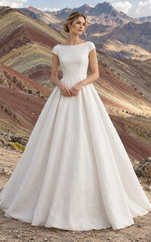 Vestido de novia sencillo de lino con mangas cortas estilo barco, cintura y falda en línea A.