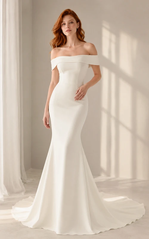 Vestido de novia sencillo de crepé estilo sirena con hombros descubiertos para el juzgado