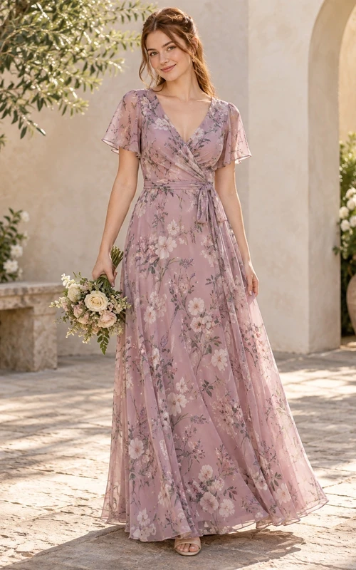 Petite Brautjungfernkleid aus Chiffon mit Blumenmuster, V-Ausschnitt, flatternden Ärmeln und ohne Schleppe, bodenlang