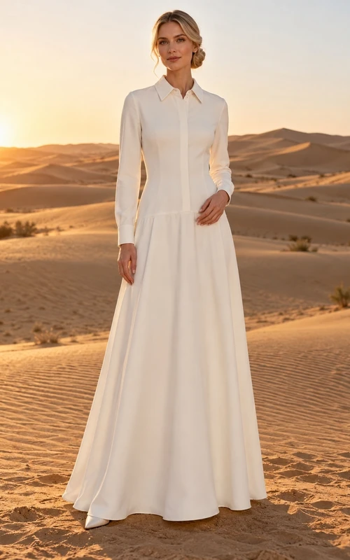 Simple Casual Long Sleeve Collared Button Front Dropped Waist A Line Wedding Dress