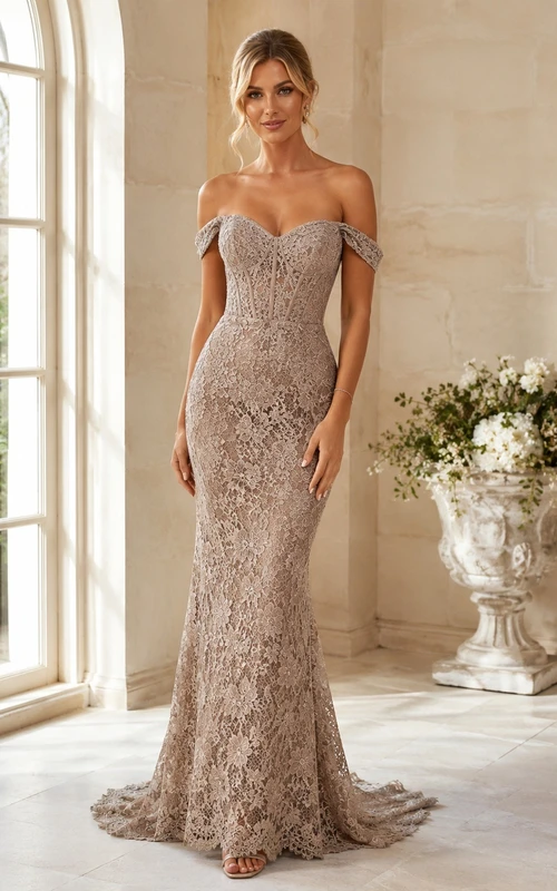 Taupe Lace Off-the-shoulder Short Sleeve Mermaid Floor-length Romantic Formal Evening Dress