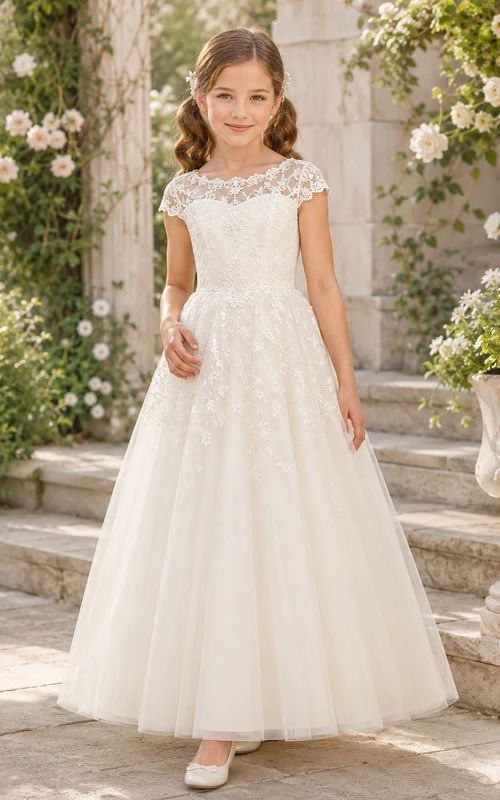 Weißes Pailletten-Spitzen-Tüll-Kleid mit Illusion-Ausschnitt, Spitzenkappenärmeln und Paillettenbesatz, bodenlang, Kommunionskleid für Blumenmädchen
