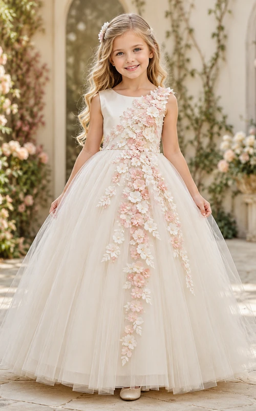 Elfenbeinfarbenes, fließendes Blumenmädchenkleid mit floralen Applikationen, ärmellosem Tüll-A-Linien-Schnitt, natürlicher Taille und bodenlangem Rock