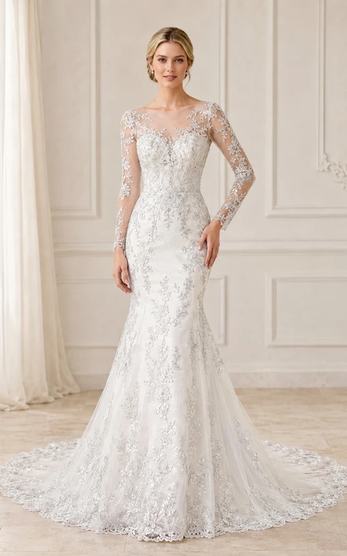 Silbernes Meerjungfrauen-Brautkleid aus Spitze mit U-Boot-Ausschnitt, langen Ärmeln und bodenlangem, elegantem Schleppen-Stil