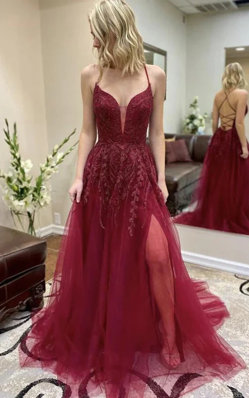 Vestido de fiesta sexy de corte A con apliques de tul y encaje, estilo tul, con tirantes finos.