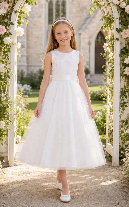 Robe de première communion sans manches en dentelle et tulle, col rond, longueur thé, sans manches, encolure bijou