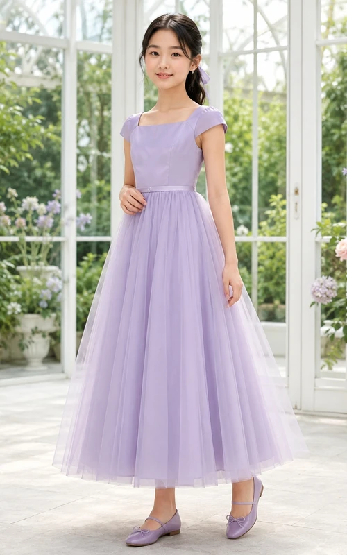 Lavendelfarbenes Brautjungfernkleid für junge Damen, A-Linie, Teelänge, eckige kurze Ärmel, bezaubernd, festlich