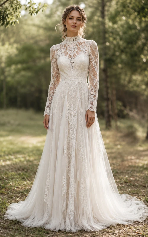 Modest A-Line Wedding Dress Long Sleeve High Neck Tulle Lace Applique Floor Length Chapel Train Ivory