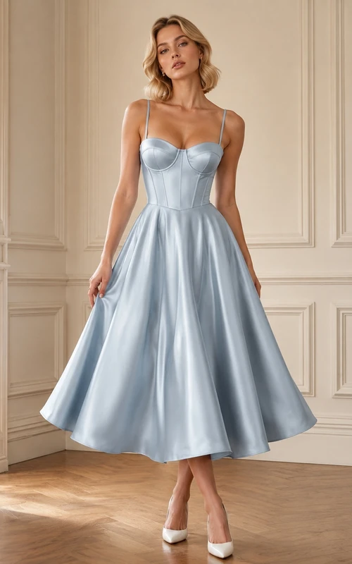 Himmelblaues, herzförmiges Cocktailkleid aus Satin mit Spaghettiträgern in A-Linie und Teelänge