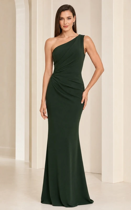Dark Green One-Shoulder Sleeveless Satin Sheath Evening Dress