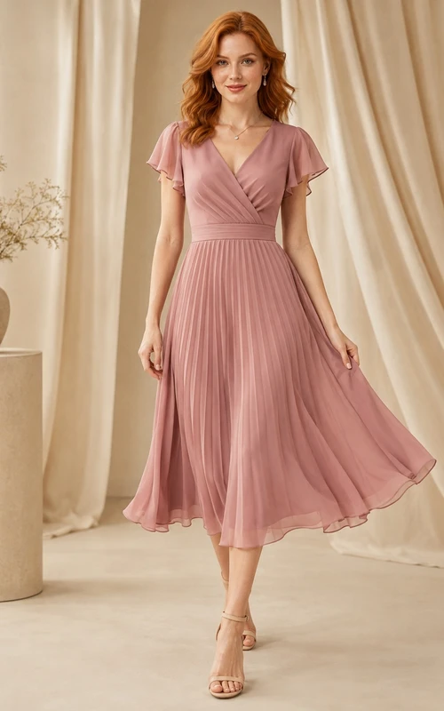 Robe de cocktail plissée en mousseline rose poudré, col en V, manches papillon, coupe trapèze, longueur genou