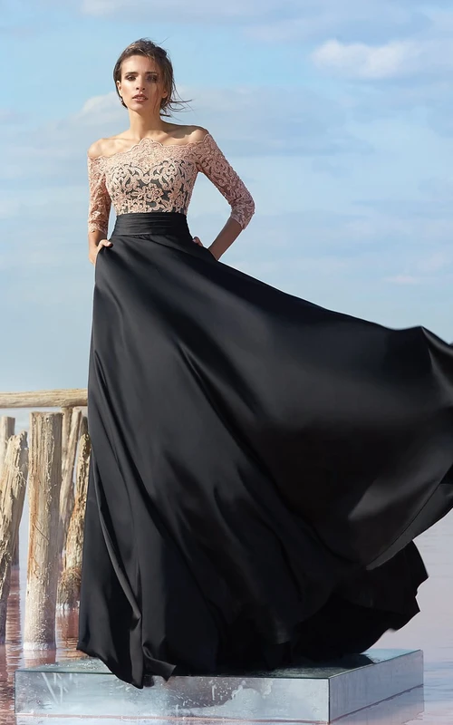 Vestido largo de gasa con escote Bardot y mangas tres cuartos, corte en A, escote en forma de ojo de cerradura.