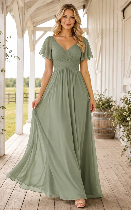 Sage Chiffon A-Line V-Neck Flutter Sleeve Pleated Low Back Floor-Length Bridesmaid Dress