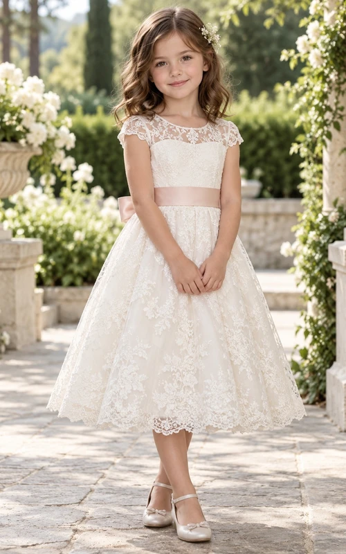 Vestido de niña de flores vintage de corte A con estampado floral color marfil, mangas cortas de encaje y fajín rosa, largo hasta la rodilla.