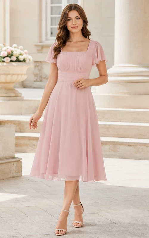 Blush Chiffon-Kleid im A-Linien-Stil mit eckigen Flügelärmeln, Teelänge, Jugendweihe