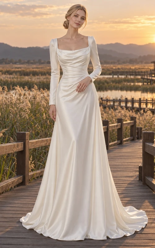 Schlichtes, langärmeliges Brautkleid aus Satin mit Wasserfallausschnitt und drapiertem Etui-Schnitt