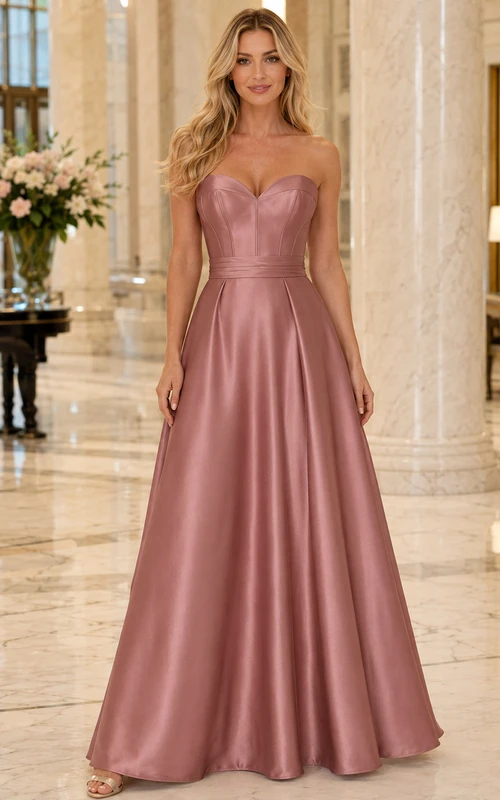 Vestido formal de satén sin tirantes con cordones color rosa empolvado