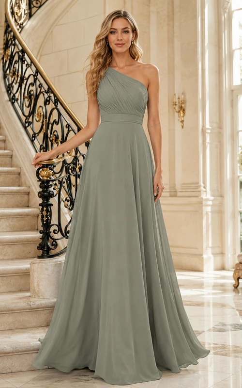 Mansion Formal Sage Simple Elegant A-Line Chiffon Bridesmaid Dress with One-Shoulder Sleeveless Floor-Length Pleated Open Back