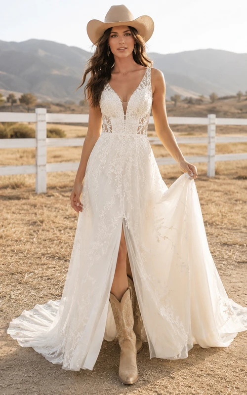Brautkleid aus ländlicher Spitze und Tüll, A-Linie, V-Ausschnitt, ärmellos, mit Schleppe und tiefem V-Ausschnitt am Rücken