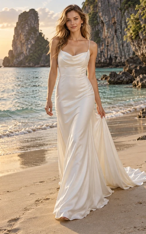 Einfaches Etuikleid aus Satin mit Wasserfallausschnitt, Raffungen und Spaghettiträgern für die Strandhochzeit