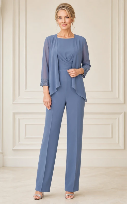 Mother Steel Blue Chiffon Pantsuit with Jewel Neck Jacket and Straight Leg Pants