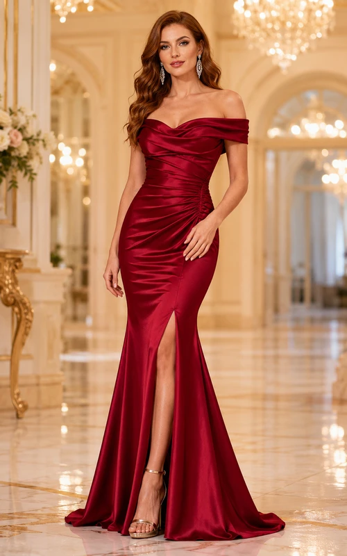 Rotes, schulterfreies Meerjungfrauen-Abendkleid aus Satin