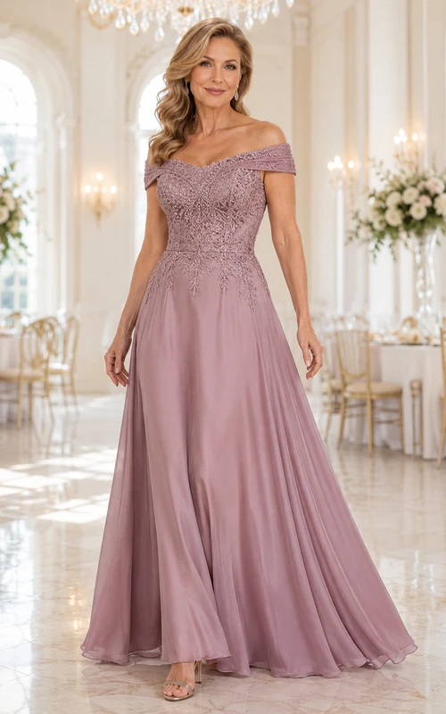 MOB-Kleid aus altrosafarbenem Chiffon mit Spitze, A-Linie, schulterfrei, bodenlang, plissiert