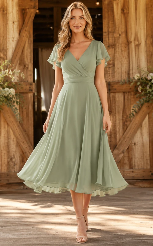 Salbeigrünes Chiffonkleid mit V-Ausschnitt, flatternden Ärmeln und Teelänge in A-Linie