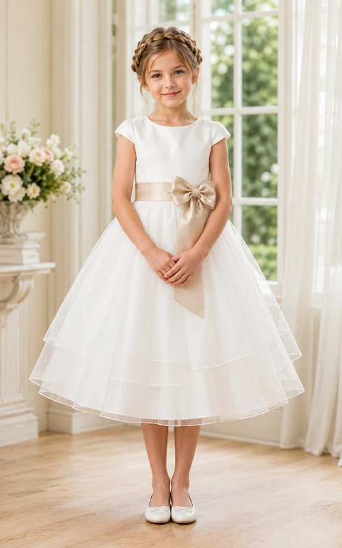 Blumenmädchenkleid aus champagnerfarbenem Tüll, A-Linie, Rundhalsausschnitt, Teelänge, Schleifendetail