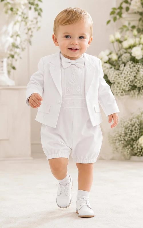 White Blazer Suspender Bubble Short Christening Suit Outfit for Baby Boy