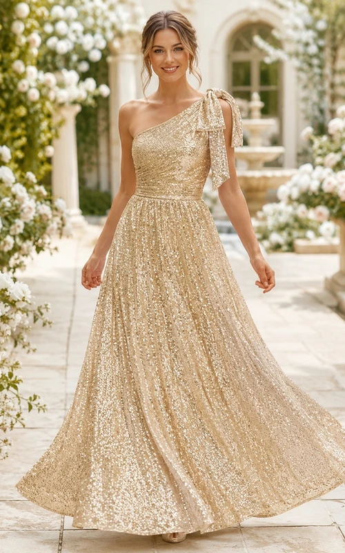 Gold Sequin One-Shoulder Sleeveless A-Line Floor-length Formal Gown