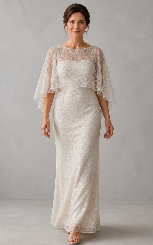 Robe fourreau en dentelle drapée et sobre pour mariées d'âge mûr, longueur au sol, décolleté bateau, manches courtes, robe de mère de la mariée