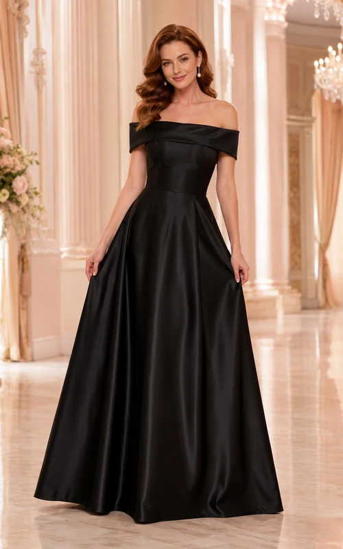Black Satin Off Shoulder A Line Floor Length Ball Gown