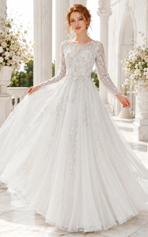 Romantic Bridal Lace Off-the-shoulder Long Sleeve Ball Gown Chapel Train