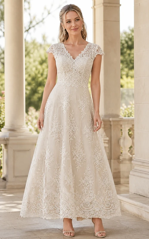 Knöchellanges, schlichtes A-Linien-Brautkleid mit V-Ausschnitt, Spitzenärmeln und kurzen Ärmeln