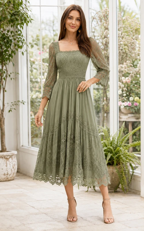 Vestido bohemio de jardín con encaje ilusión y mangas tres cuartos, color celadón cuadrado, ideal para invitadas.