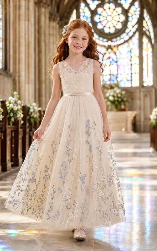 Flower Girl Dress A-Line Cream Blue Floral Tulle V Neck Church Garden