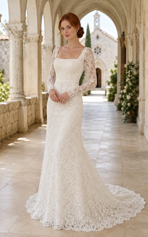 Etuikleid mit quadratischem Ausschnitt, langen Ärmeln und Spitze, ideal für die Kapellenhochzeit