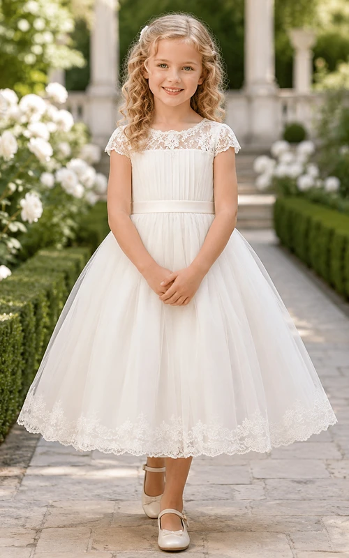 A-Line Heirloom Flower Girl Dress with Cap Sleeves, Lace Bodice, Scalloped Hem, Tulle Skirt, Classic Heirloom Style