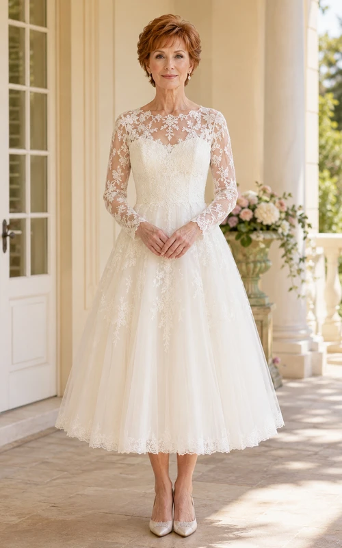 Vestido de novia modesto de encaje, largo hasta la rodilla, cuello alto y manga larga para novias mayores