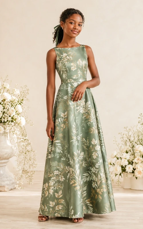 Celadonfarbenes Brautjungfernkleid für junge Mädchen, A-Linie, ärmellos, mit Schmucksteinen, Blumenmuster und Boho-Stil