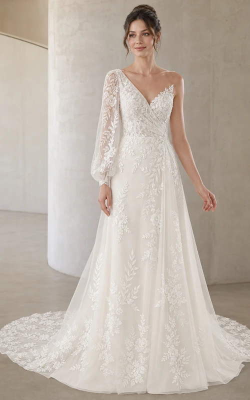 Vestido de novia moderno de manga larga, corte en A, un solo hombro, encaje de vid y cola catedral.