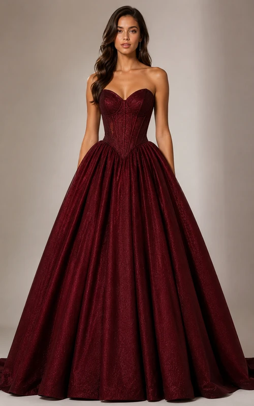 Vestido de quinceañera de satén con escote corazón y pliegues, estilo princesa.
