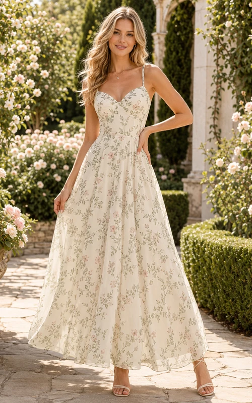 Soft Vine Print Spaghetti Strap Garden Maxi Dress