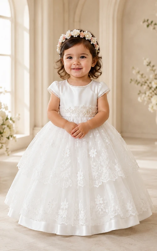 Baby Baptism Christening Ceremony Dress A-Line Tea-Length Jewel Neck Sleeveless Satin Tulle Floral Detail Ribbon Sash Bow Back Button Back