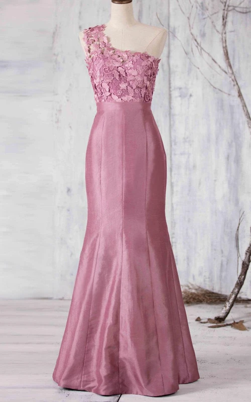 Vestido largo de tafetán estilo sirena con corpiño floral y un solo hombro